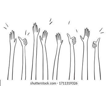 Simple outline applause hands up set. Simple hand drawn doodle style. Thumb, palm 