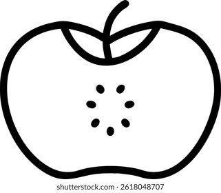 A simple outline of an apple with stem and leaves, showing the seed core with dots in the center.