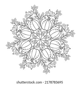 Simple outline autumn mandala with pumpkins and leaves coloring page.