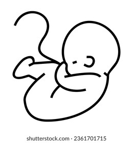 Esquema simple del bebé en el icono del vector de posición fetal. Dibujo de línea negra o caricatura del feto con cordón umbilical sobre fondo blanco. Parto, concepto de embarazo