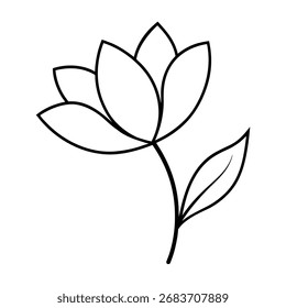Simples contorno de uma flor florescente com caule e folhas em preto e branco