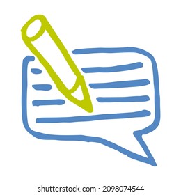 Simple outline blue and green doodle of a pencil and message bubble. Hand-drawn color line vector icon