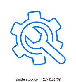 Simple outline blue icon of an adjustable wrench inside a gearwheel. Colored vector modern minimal sign