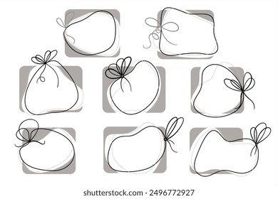 Simple Outline Bow knot with Cute Frame. Hand Drawn Line Ribbon Bow and Frame