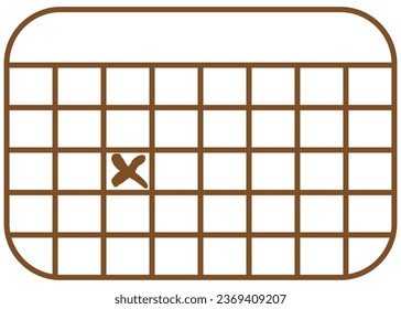 Símbolo sencillo marrón de la página del calendario con fecha marcada con cruz. Pictograma vectorial mínimo con líneas delgadas aisladas en fondo transparente