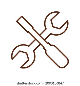 Simple outline brown icon of crossed screwdriver and adjustable wrench. Colored vector modern minimal sign