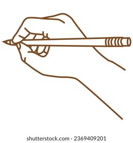Simple outline brown icon of human hand holding a pencil. Minimalistic vector pictogram with thin lines isolated on transparent background