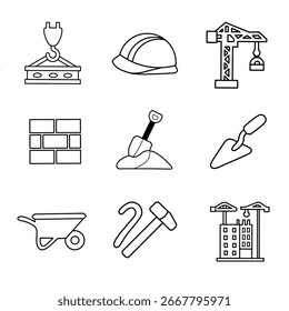 Simple Outline Building Construction Tool and Equipment Icon Set Illustration