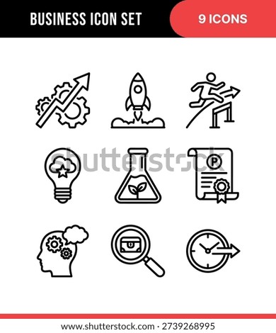 Simple Outline Business Icon Set with Gear, Rocket, and Document