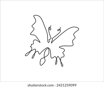 Simple Outline Of Butterfly. Continuous line Of Flying Butterfly. Beautiful Butterfly Line Art.