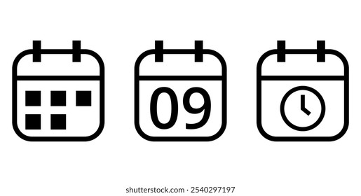 Simple outline calendar icons isolated on transparent background, calendar icon with specific day marked, day 09.