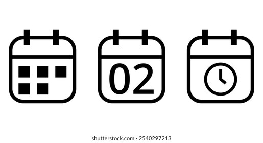 Simple outline calendar icons isolated on transparent background, calendar icon with specific day marked, day 02.