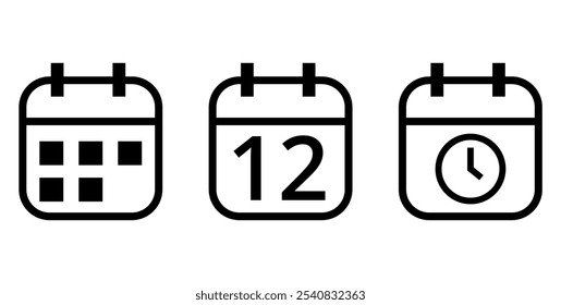 Simples esboço ícones de calendário isolados no fundo transparente, ícone de calendário com dia específico marcado, dia 12.