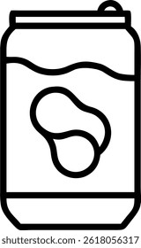 A simple outline of a can with a wavy line representing liquid and a bean shaped logo on the front side