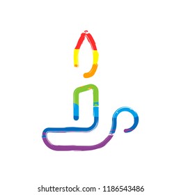 Simple outline candle icon. One line style. Drawing sign with LGBT style, seven colors of rainbow (red, orange, yellow, green, blue, indigo, violet