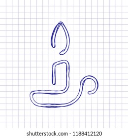Simple outline candle icon. One line style. Hand drawn picture on paper sheet. Blue ink, outline sketch style. Doodle on checkered background