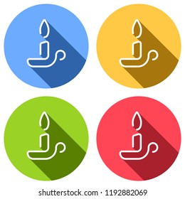 Simple outline candle icon. One line style. Set of white icons with long shadow on blue, orange, green and red colored circles. Sticker style