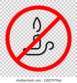 Simple outline candle icon. One line style. Not allowed, black object in red warning sign with transparent background