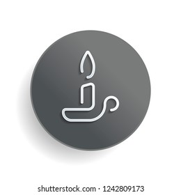 Simple outline candle icon. One line style. White paper symbol on gray round button or badge with shadow