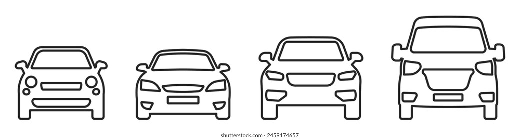 Simple outline car icon collection with editable line stroke. Front view symbol of auto, vehicle, automobile, sedan, van. Transport, car sharing, or delivery concept icons. Vector illustration