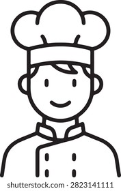 A simple outline of a chef's head and shoulders wearing toque blanche conveying professionalism and approachability for food service branding.