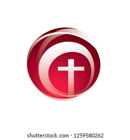 Simple outline of christian cross logo or church symbol. Silhouette outline of cross in circle.
