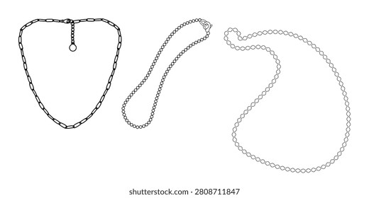 Simple outline collection of necklaces and chains in various styles isolated on a white background. Ideal for jewelry branding, fashion stores, product catalogs, icons, and vector design projects.