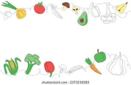 Simple outline and colored frame with Fruits, Vegetables and empty space for text. Vector Background. One line art Style. Frame with organic food. Can be also used like Banner, Flyer, Texture