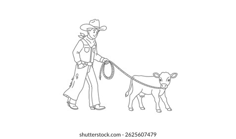 Contorno Simples Colorir Página Cowboy Guiando Jovem Bezerro Usando Rope Rancho Animal Cuidado Cena Ocidental Ilustração Arte