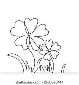 Simple outline continuous line wild flowers with grass