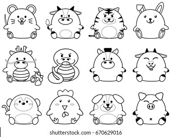 Simple outline cute fatty cartoon of Chinese zodiac horoscope animal sign collection set