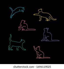 Simple outline cute funny playful adorable color neon domestic cats on simple black background 