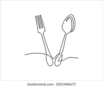 Simple Outline Of Cutlery. One Line Of Fork And Spoon. Cutlery Set Continuous Line Art. Silverware Line Art.