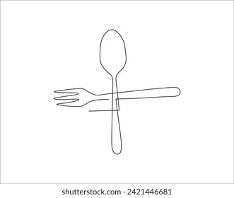 Simple Outline Of Cutlery. One Line Of Fork And Spoon. Cutlery Set Continuous Line Art. Silverware Line Art.