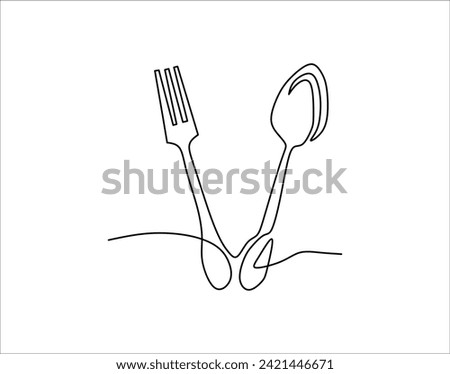 Simple Outline Of Cutlery. One Line Of Fork And Spoon. Cutlery Set Continuous Line Art. Silverware Line Art.