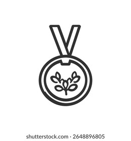 Simple outline depicts round medal on ribbon having plant sprig as the featured image. The plant appears inside the round medal. This medal is an icon.