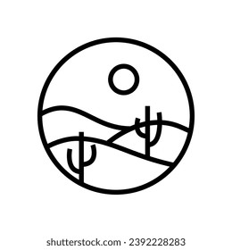 simple outline of desert mountains with cactus and sun in circle logo vector