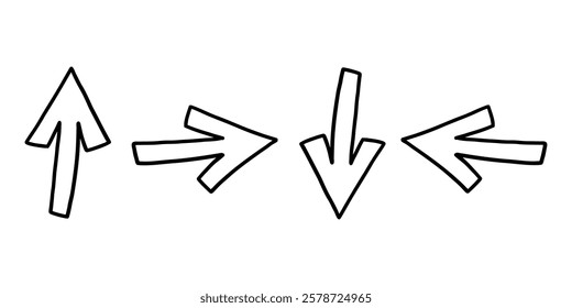 Simple Outline Doodle Directional Arrows Set. Lines Market Sign Directions Right Left Down Backward Collection. Hand Drawn Vector Isolated Illustration