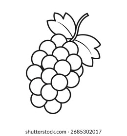 Desenho de contorno simples de um cacho de uvas com folhas