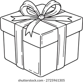 Dibujo de contorno simple de una caja de regalo clásica adornada con un arco elegante, perfecto para colorear