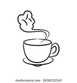 Taza de café del dibujo del contorno simple con el vapor aislado en el fondo blanco