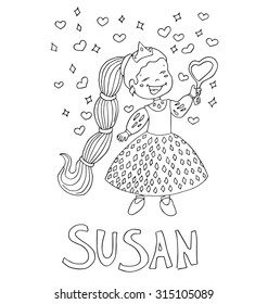 The simple outline drawing for coloring with the image of children of different name characters and education