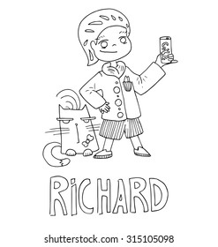 The simple outline drawing for coloring with the image of children of different name characters and education
