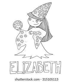The simple outline drawing for coloring with the image of children of different name characters and education
