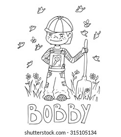 The simple outline drawing for coloring with the image of children of different name characters and education