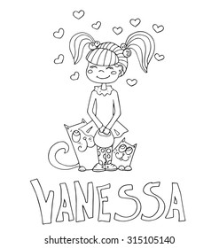 The simple outline drawing for coloring with the image of children of different name characters and education