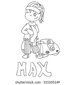 The simple outline drawing for coloring with the image of children of different name characters and education