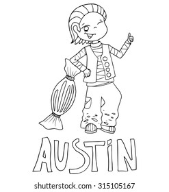 The simple outline drawing for coloring with the image of children of different name characters and education