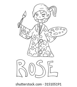 The simple outline drawing for coloring with the image of children of different name characters and education