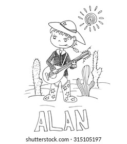 The simple outline drawing for coloring with the image of children of different name characters and education